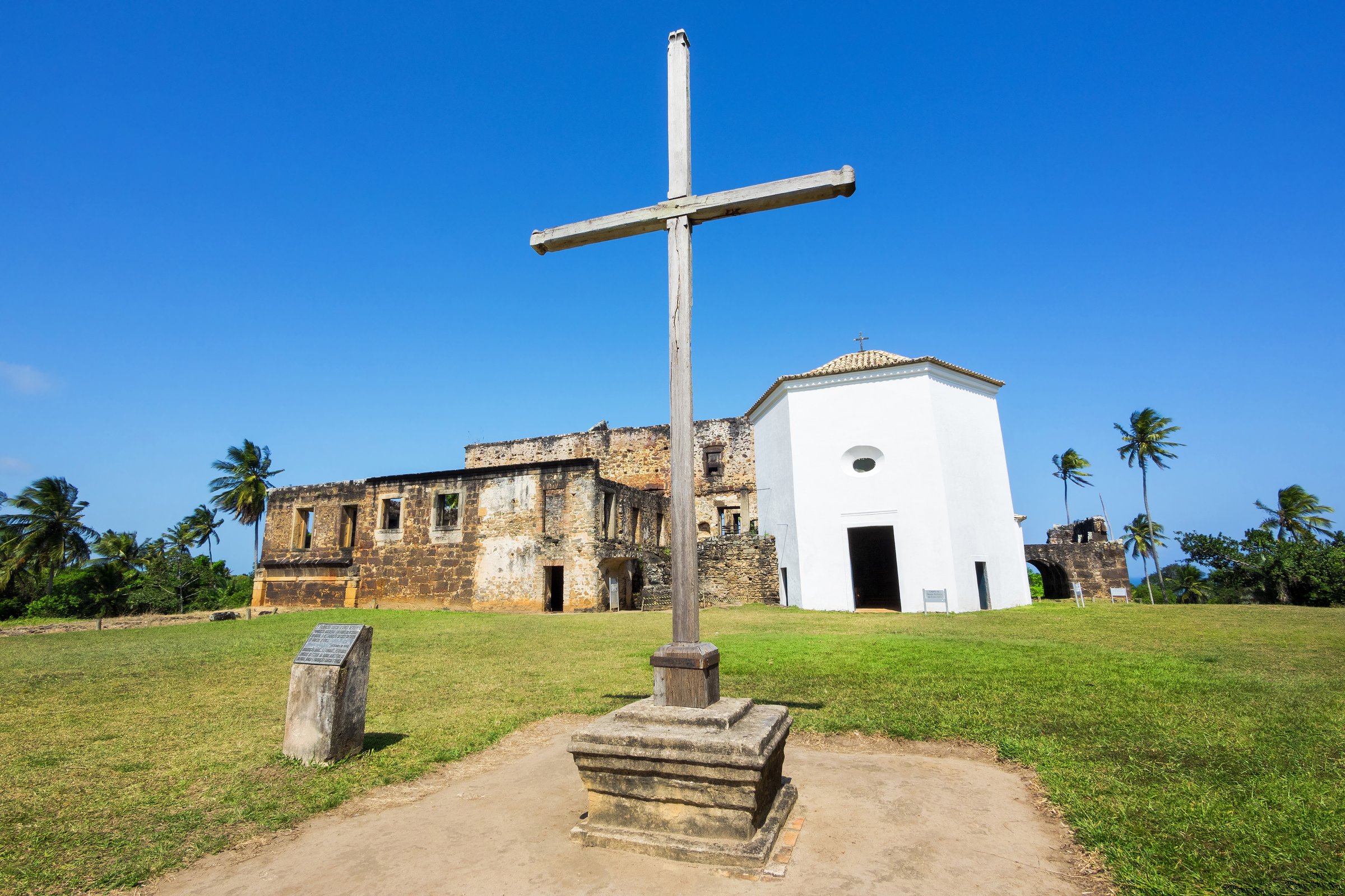 Praia do Forte, Brazil - October 23, 2015: View of Garcia D'Avila Castle, or Casa da Torre, in Praia do Forte, Bahia, Brazil. The castle was built by Portuguese colonizers between 1551 and 1624 as a residence and military stronghold.