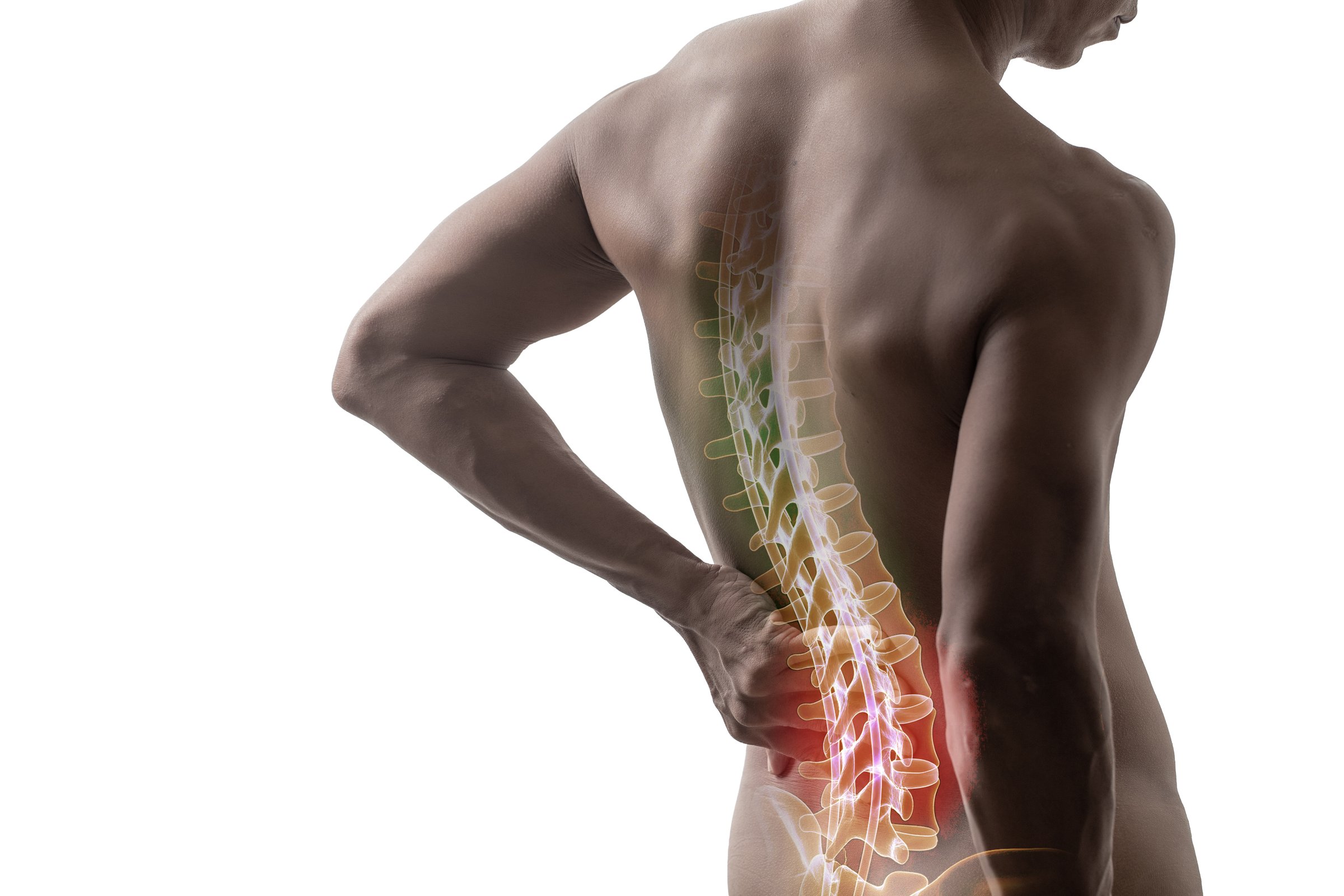 A powerful visual depicting a man holding his lower back, with a digitally enhanced glowing spine highlighting an area of discomfort or pain. This image effectively communicates concepts related to back pain, spinal health, injury, chiropractic care, physiotherapy, and orthopedic issues. It is highly suitable for content focusing on causes, symptoms, diagnosis, and treatment of musculoskeletal conditions. The glowing spine symbolizes internal pain, inflammation, or the area requiring medical attention, making it an impactful visual for healthcare professionals, wellness blogs, and medical advertisements.