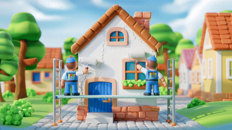 Two cartoon workers painting a small house with rollers on scaffolding in a colorful, animated neighborhood.