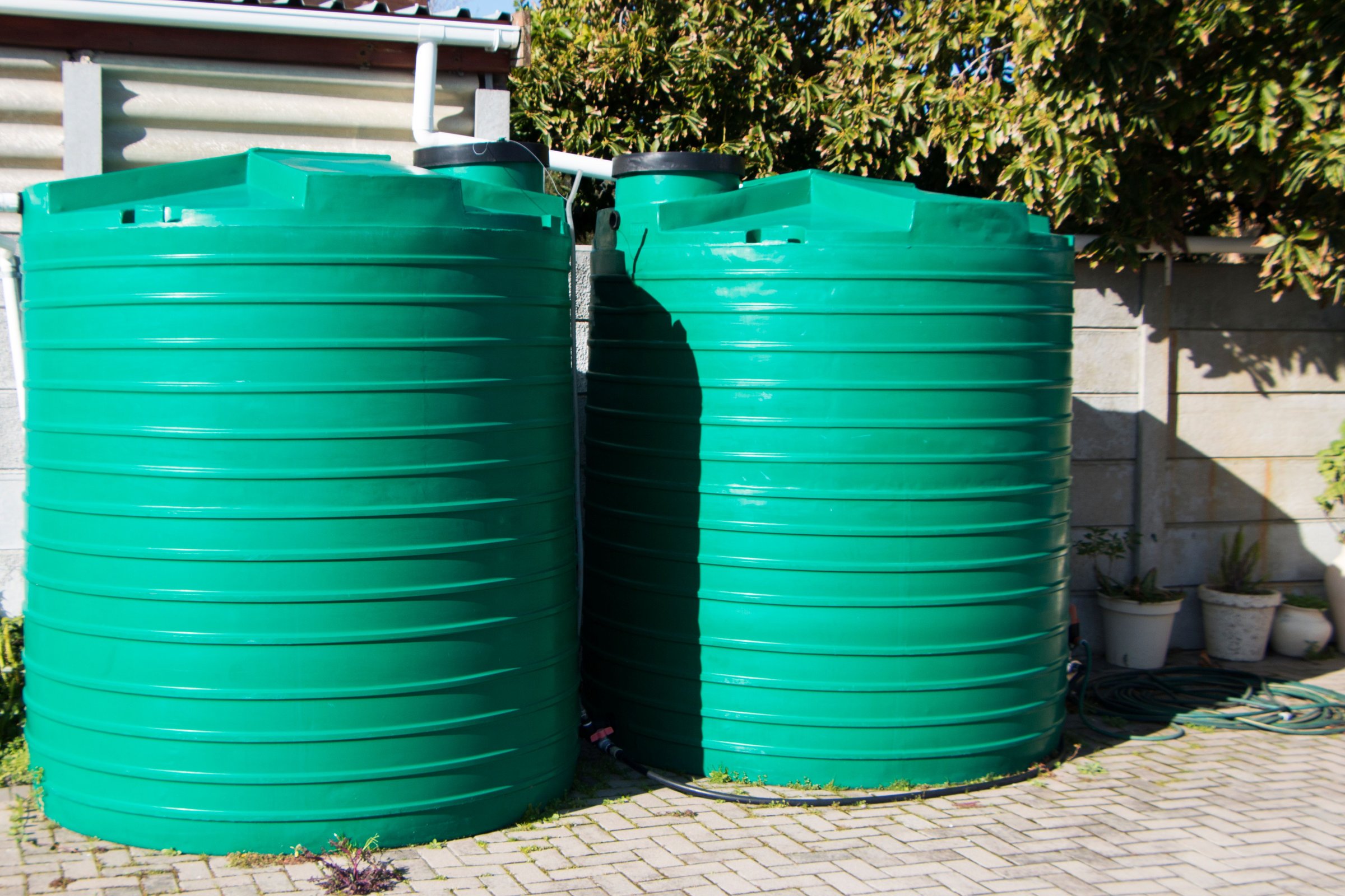 green water catchment plastic tanks setup backyard pipes for water saving