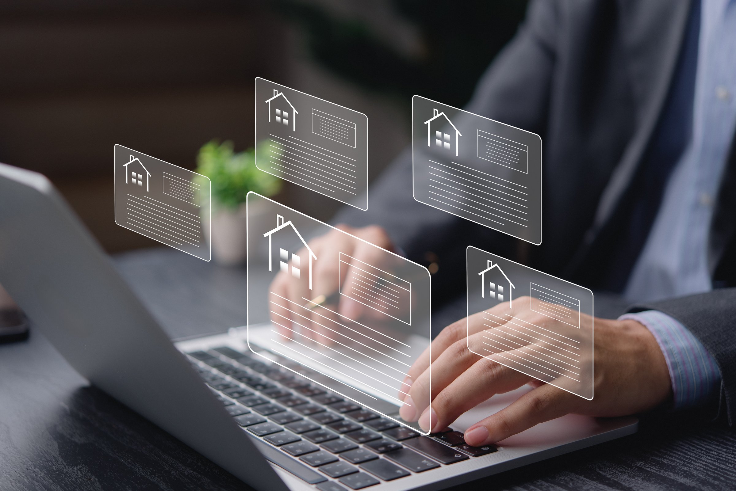 Real estate concept business, home insurance and real estate protection. Buy and sell houses and real estate online on a virtual screen