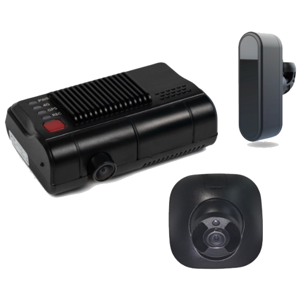 Dashboard camera system with power, GPS, and recording indicators, linked to front and rear cameras, on transparent background.