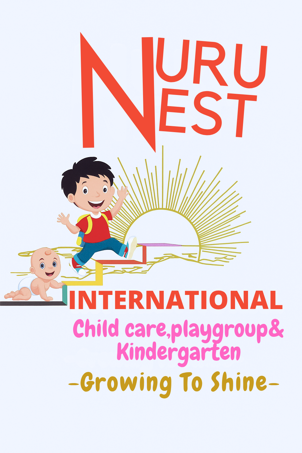 Nurunest International logo with children playing, sunburst design, and Child care, playgroup &amp; Kindergarten text.