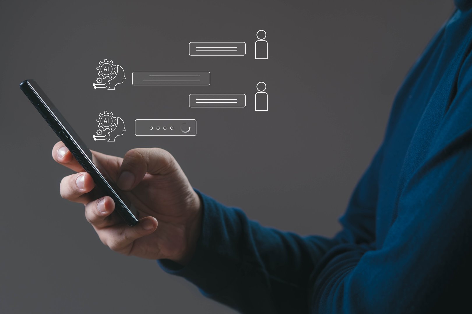 A person using a smartphone with virtual AI chatbot icons representing artificial intelligence communication technology, online messaging, and digital assistant concept in modern innovation.