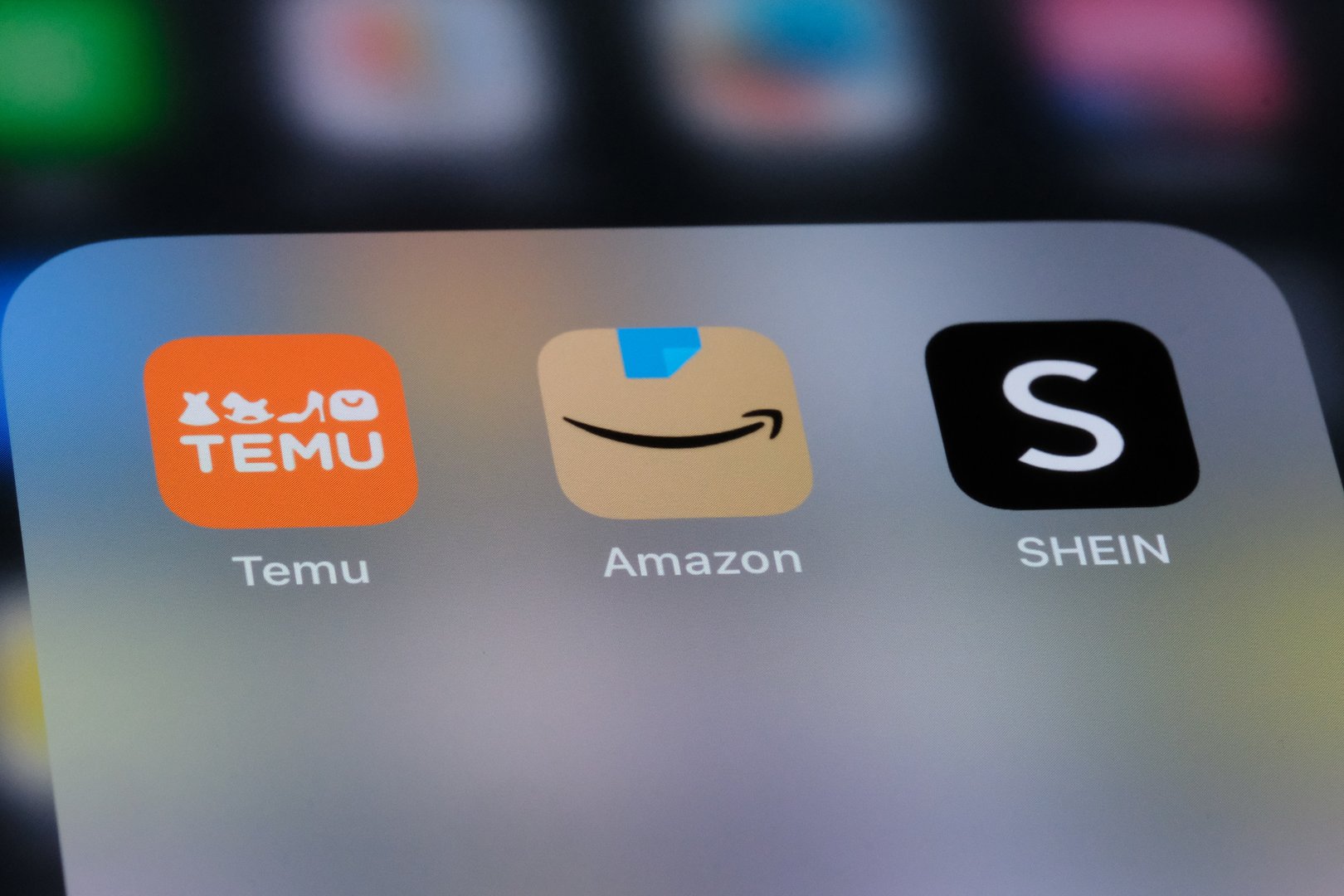 Shanghai,China-Oct.20th 2024:Amazon, Temu, Shein app icon on screen. Assorted online shopping companies