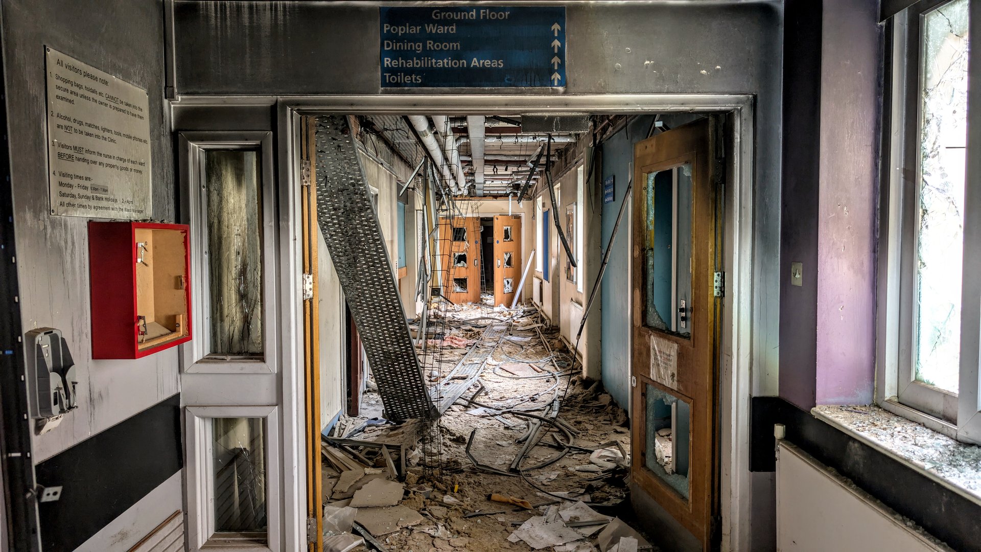 Derelict building with unsafe debris and collapsing materials