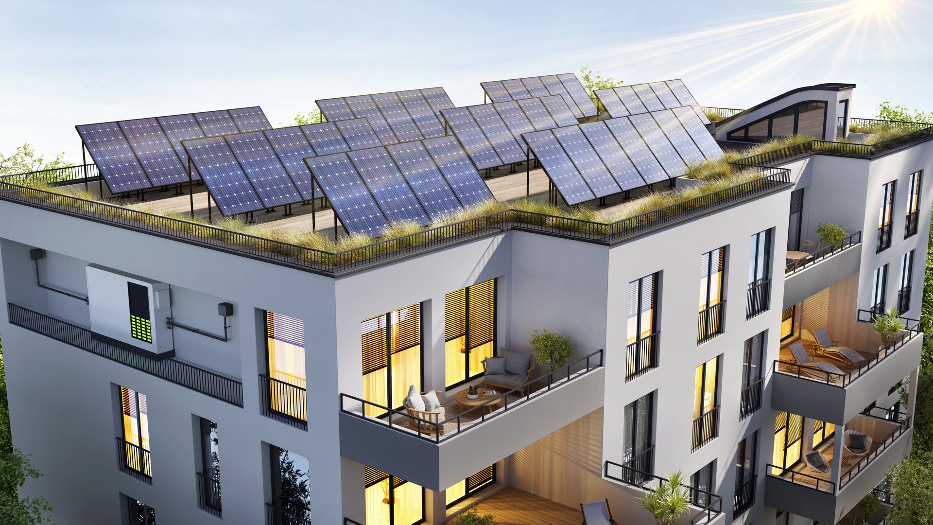 Modern residential building with solar panels and storage batteries