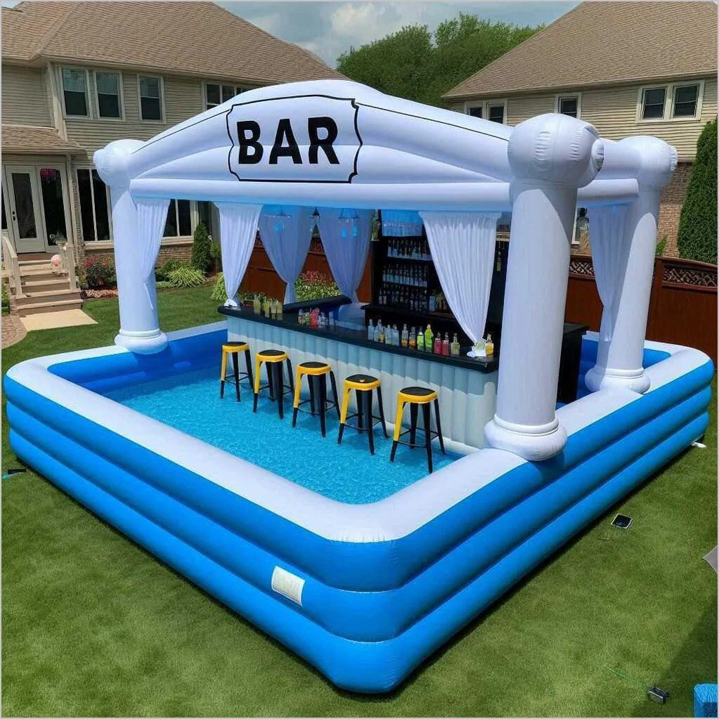 Inflatable pool bar with stools and bottles, set in a backyard with a roof marked BAR, surrounded by houses and greenery.