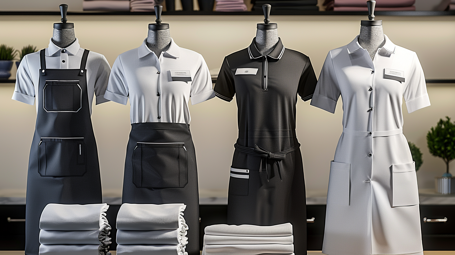 Five mannequin torsos display different styles of black and white uniform attire with aprons, set against a store backdrop.