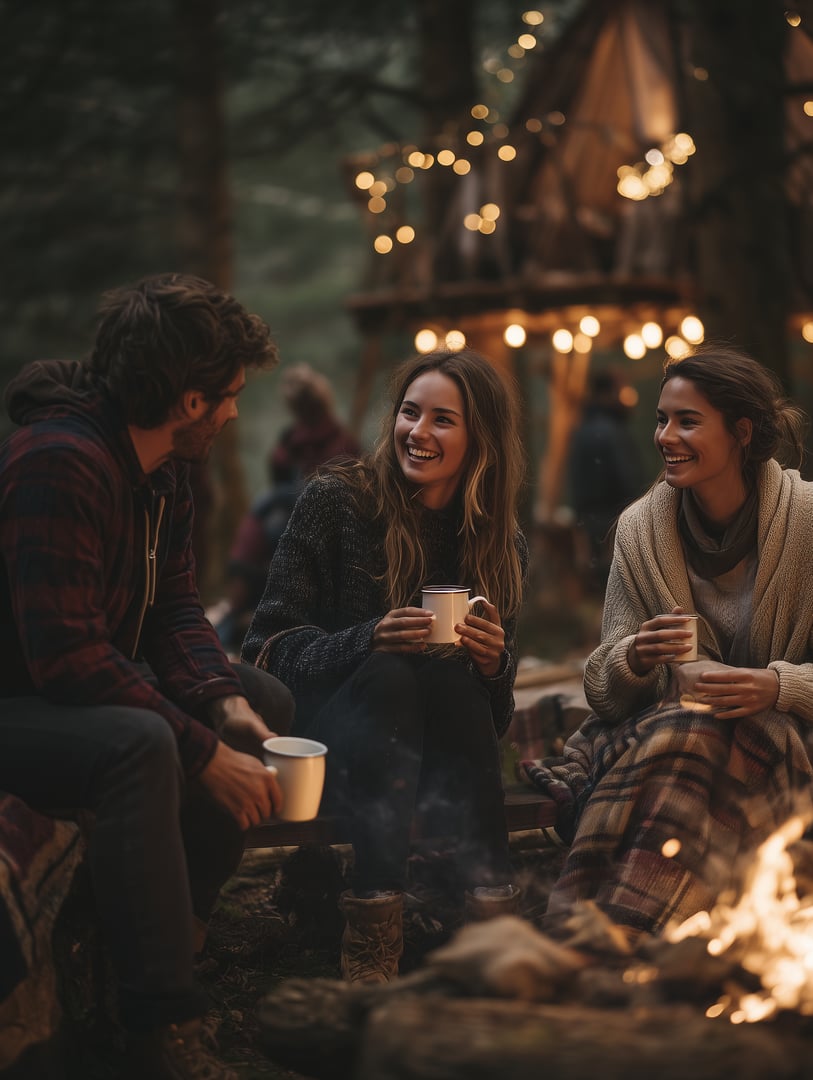 Three people sitting by a campfire, holding mugs, with string lights and a wooden structure in the background, at dusk.