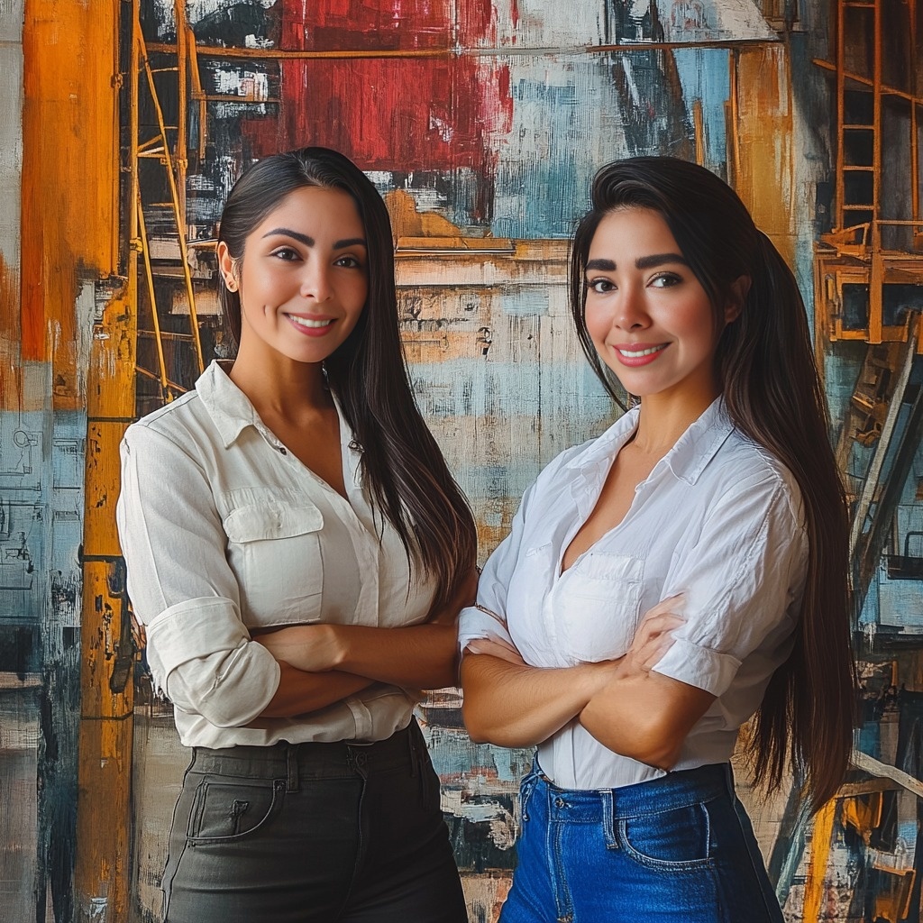 Two women in white shirts stand confidently with arms crossed in front of a colorful abstract mural.