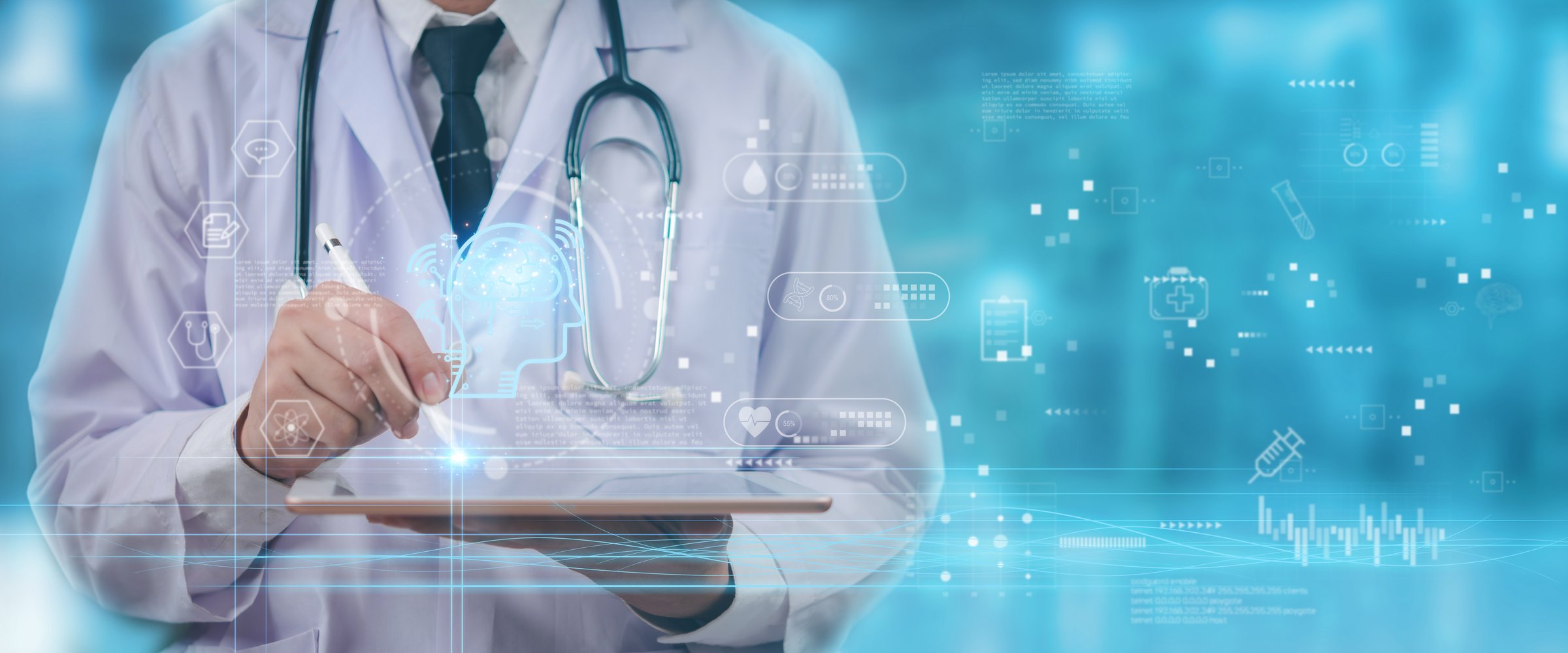 doctor using a digital tablet with AI healthcare Telemedicine technology. Futuristic medical innovation with smart data analysis and neural interface. artificial intelligence in modern medicine