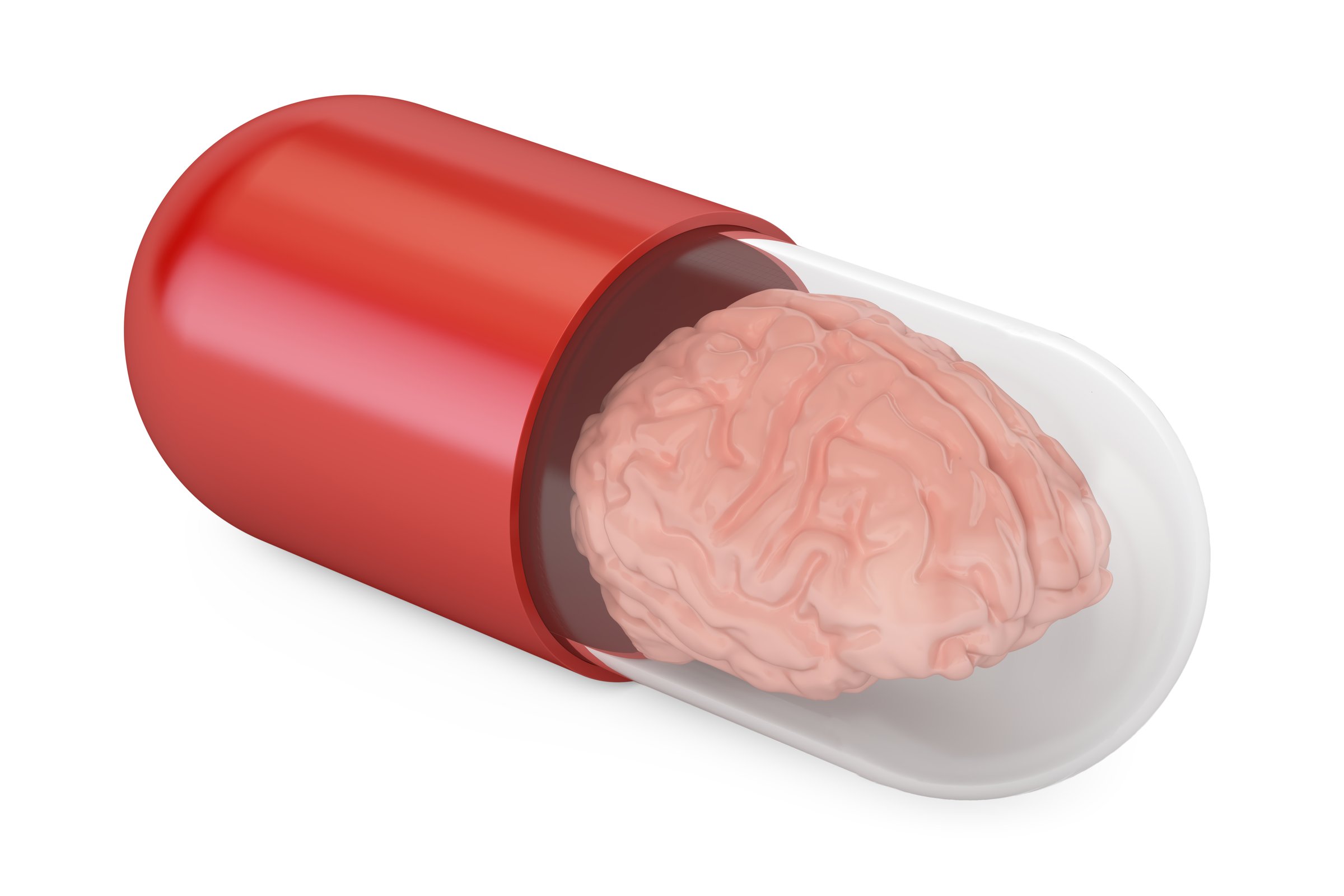 Pill Capsule with Brain, 3D rendering isolated on white background