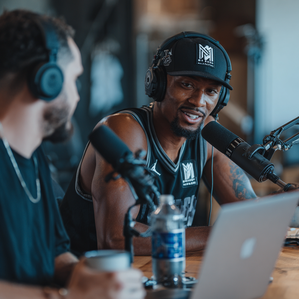 Basketball player recording podcast with teammate