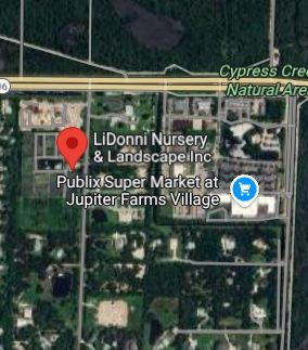 A satellite map view highlighting LiDonni Nursery &amp; Landscape Inc. and Publix Super Market at Jupiter Farms Village.