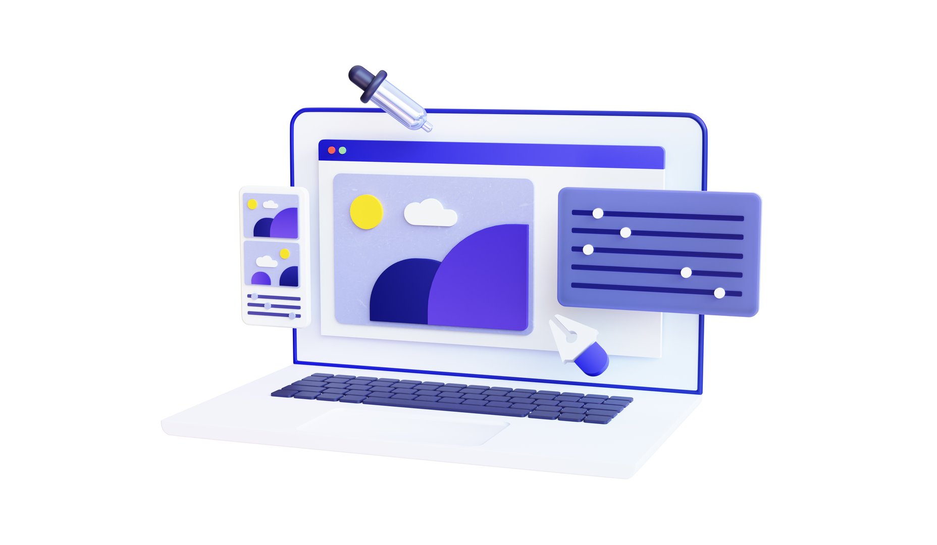 Web design development. Photo editing softwear on a laptop screen with modify  Freelance work concept. Creative process. 3d rendering ux ui