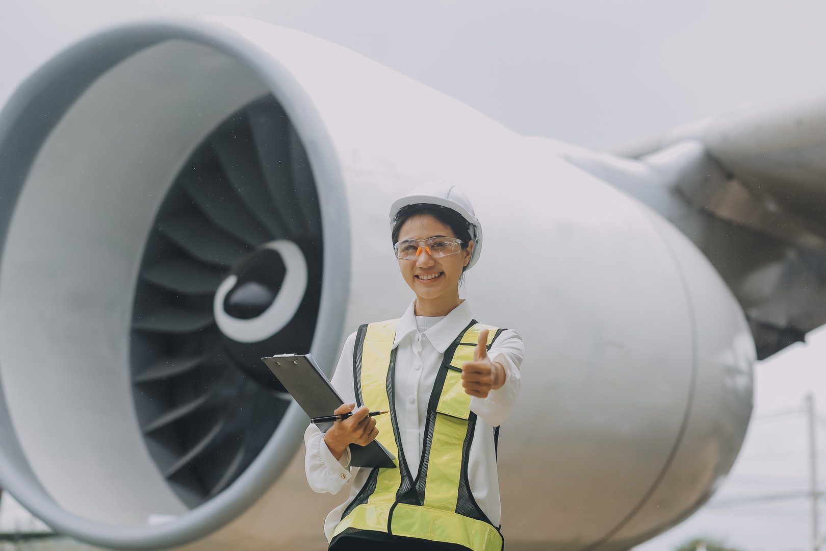 Técnico aeroespacial inspecting aircraft engines