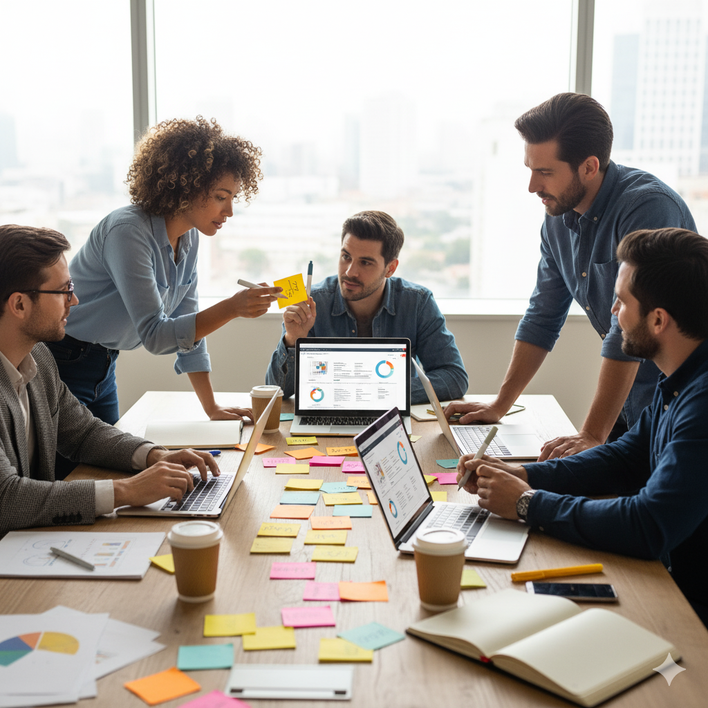 Equipo colaborando en mesa de trabajo con laptops y post-its, planeando estrategia con enfoque y colaboración