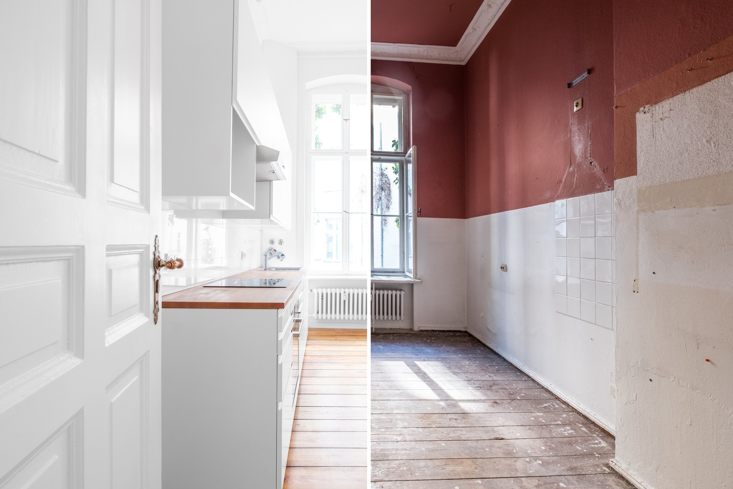 renovation concept - kitchen room before and after refurbishment or restoration