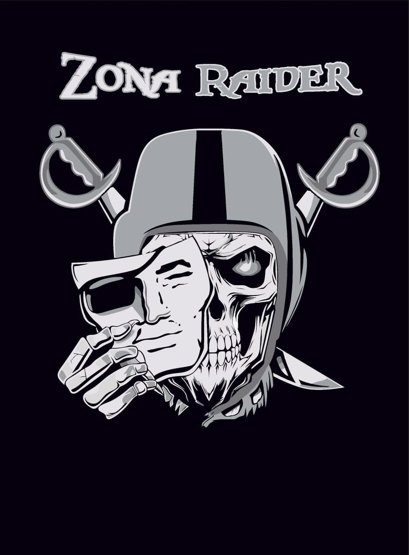 Illustration of a skull wearing a helmet, holding a human mask, with crossed swords in the background and Zona Raider text.
