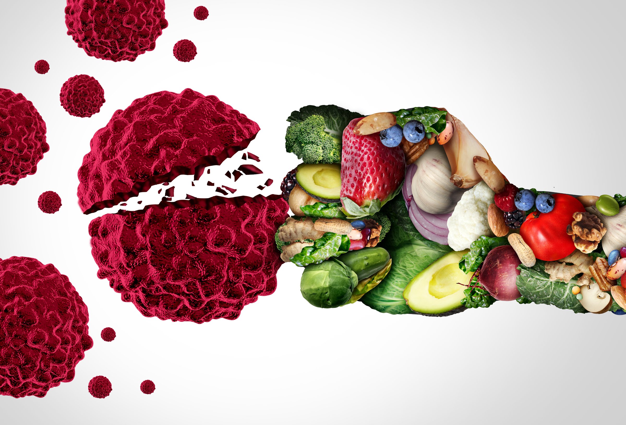 Natural Weapon Fighting Cancer Health food and Food As Medicine as antioxidants and Phytonutrients in medicinal foods as disease prevention benefits of eating natural immune-boosting vegetables and fruit helping the immune system as they stop a group of malignant cells.