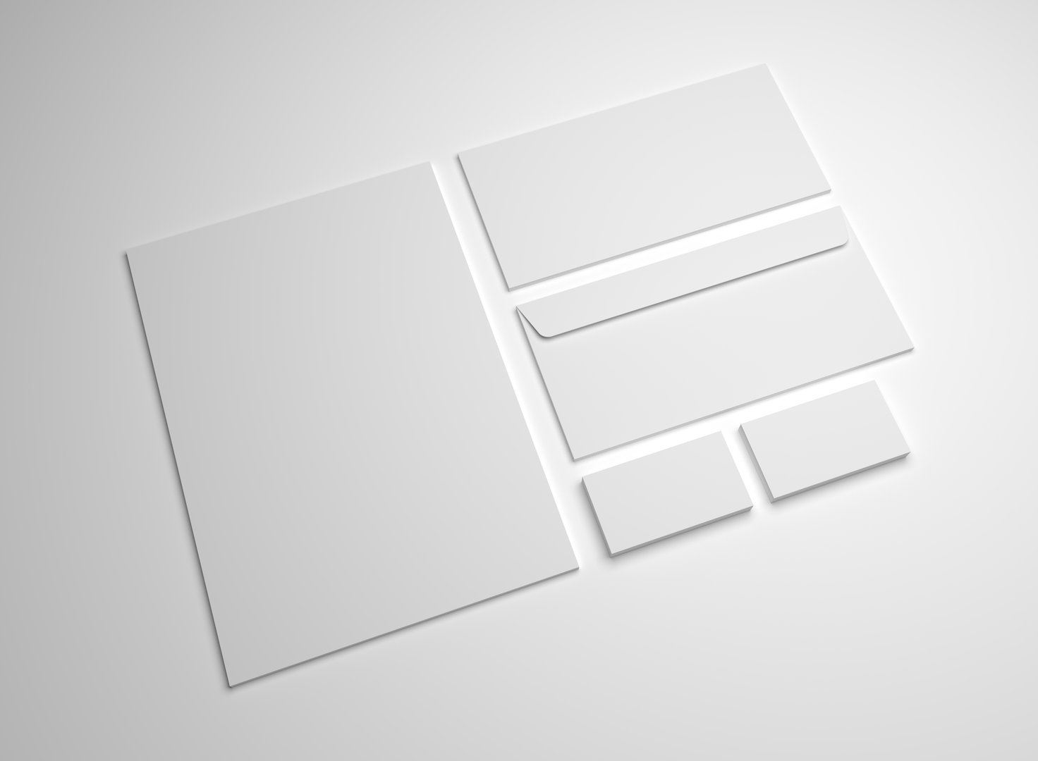 Stationery mockup 3d illustration. Blank white A4 letter, business cards and envelopes.