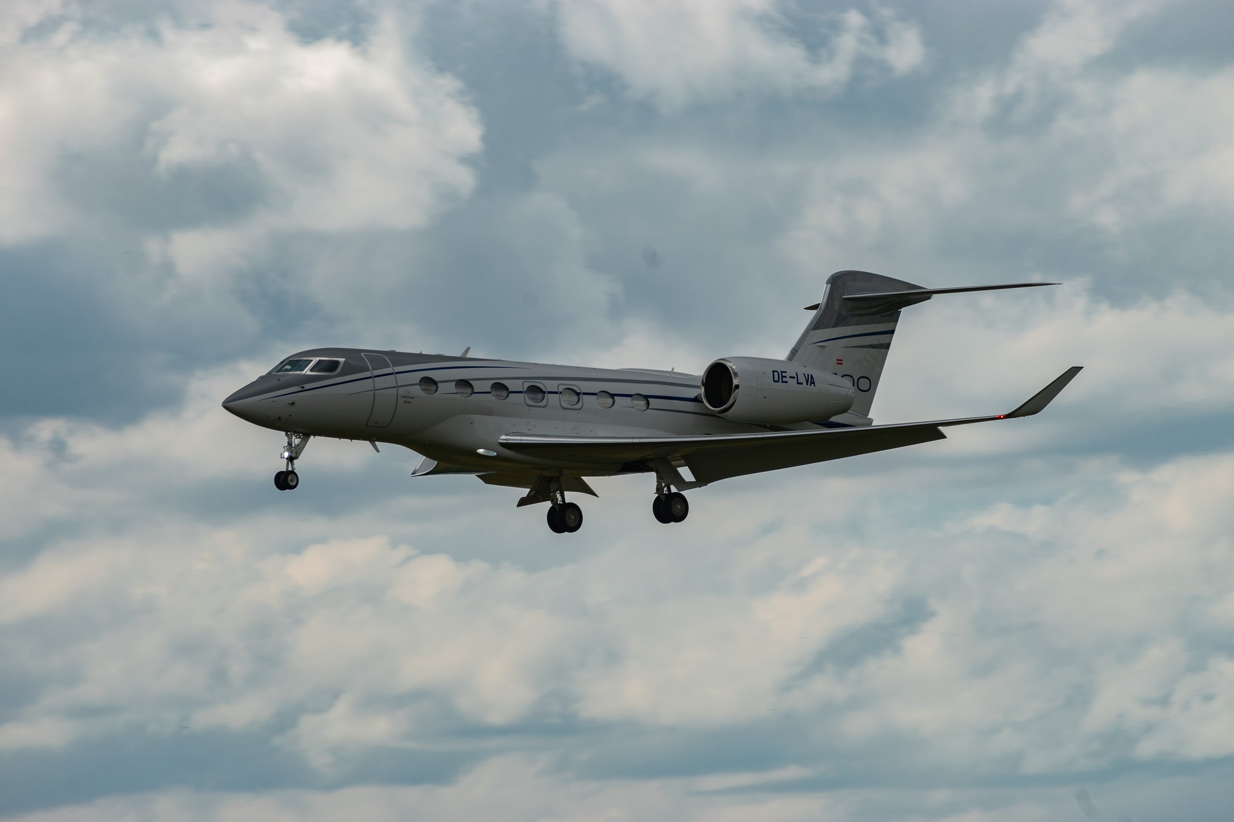Zurich, Switzerland, July 13, 2023 OE-LVA Gulfstream G500 aircraft is landing on runway 14