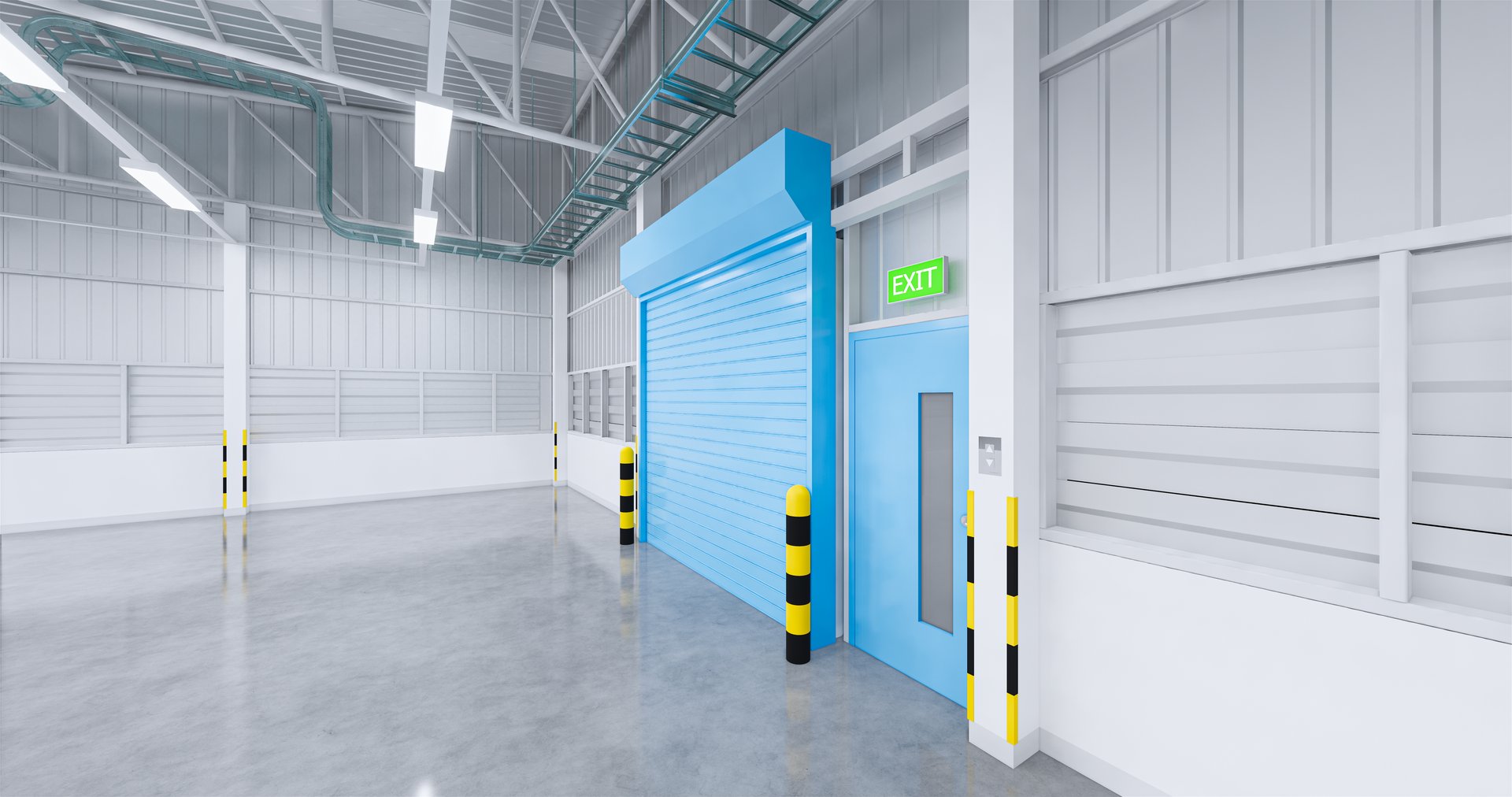 3d rendering of  factory building and shutter door and concrete floor for industry background.