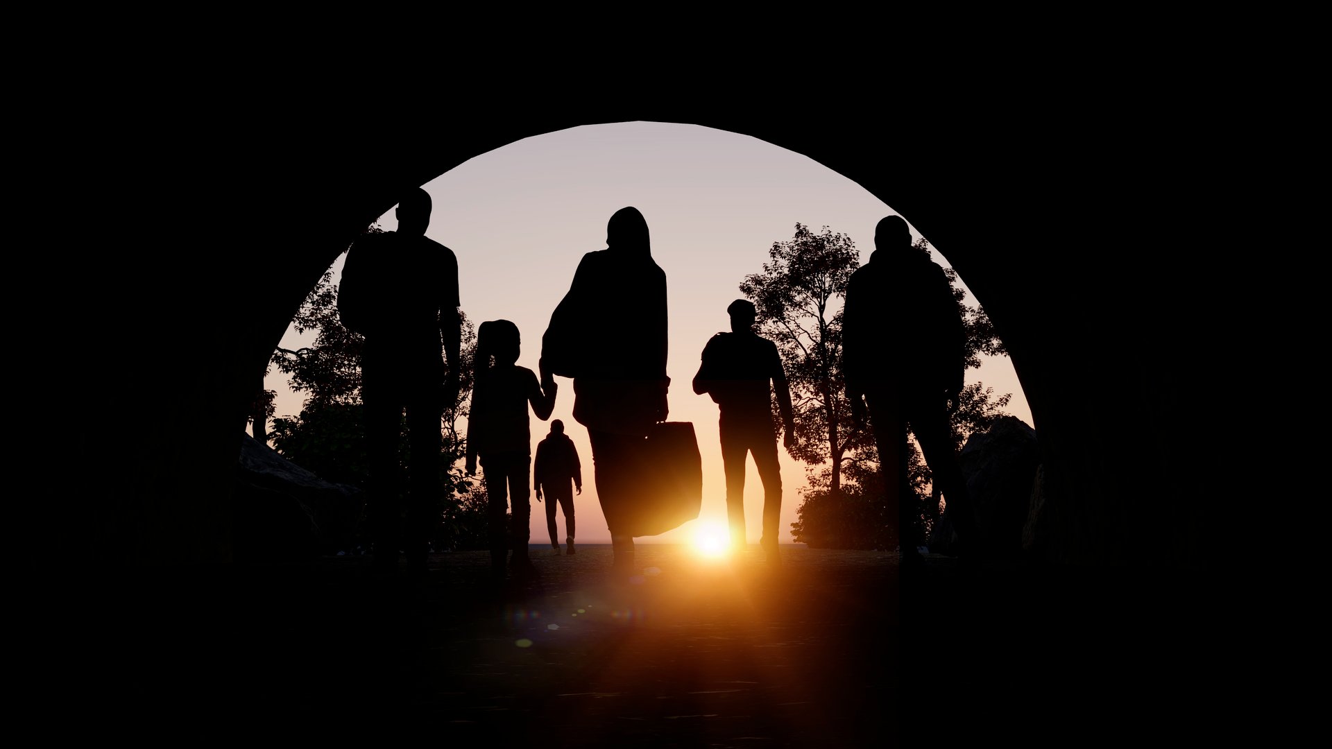 Refugees and immigrants looking for a new hope in life. Silhouette. Column of migrants passing through a tunnel. Abandon your lands for a better future. 3d rendering