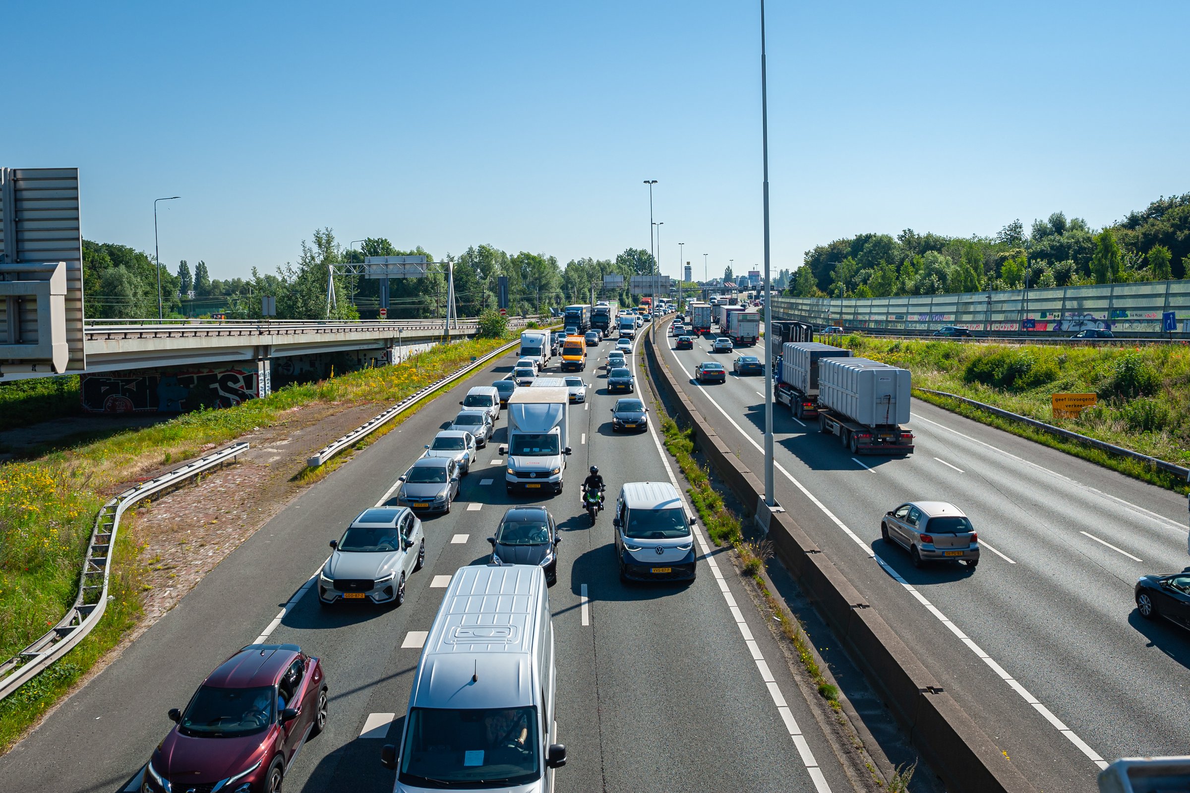 Rotterdam, Netherlands - June 26, 2024: Traffic jam on A20 highway near the city of Rotterdam.
