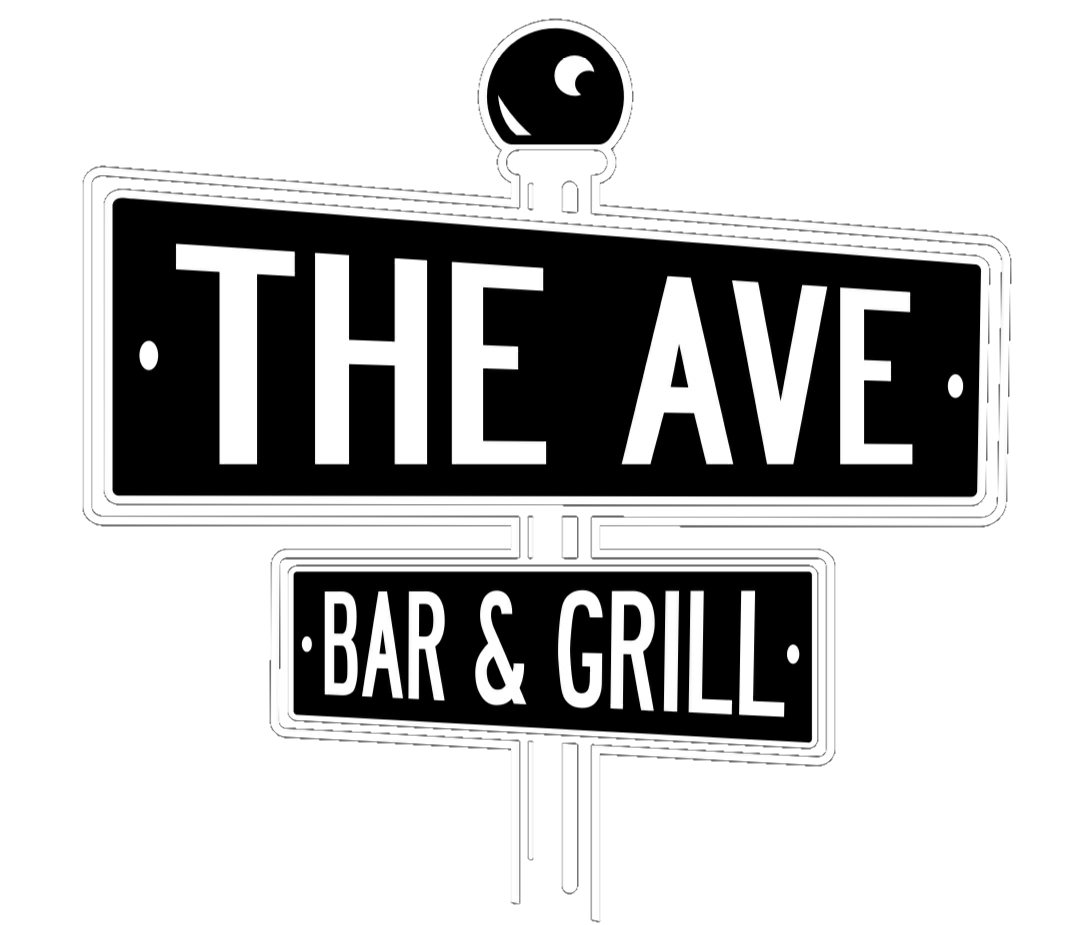 Sign reading The Ave Bar & Grill with street post design on a black background.