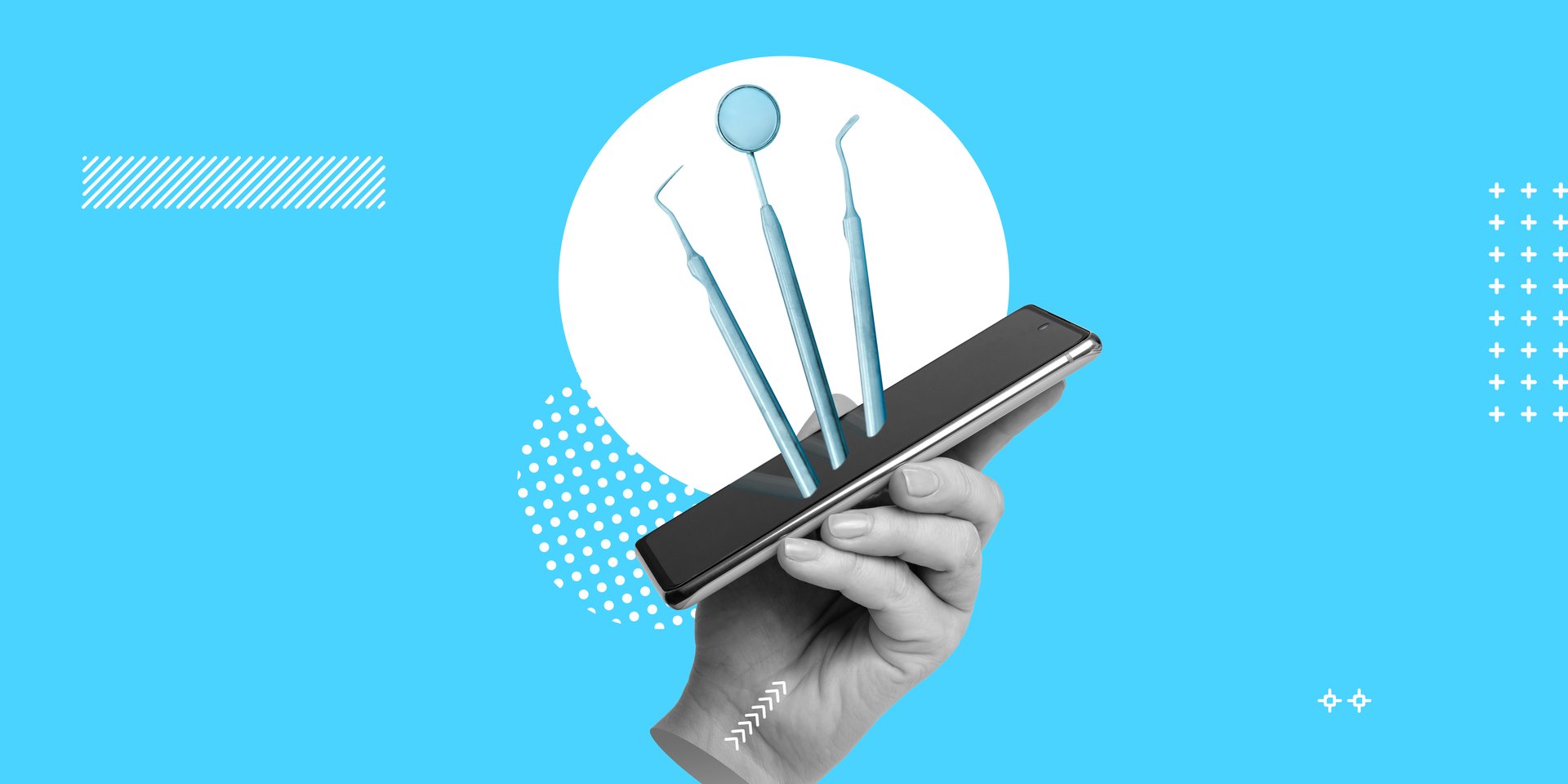 Dental center application, appointment with a specialist, remote consultation, dentist blog. Dental instruments on the smartphone screen in the doctor's hand. Minimalist collage