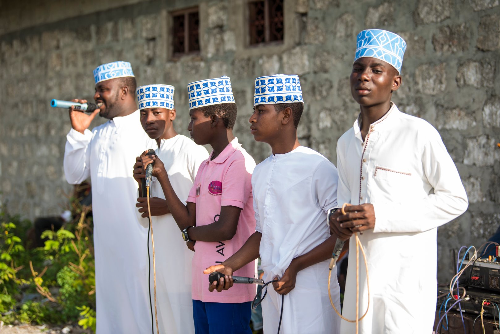Zanzibar City,Tanzania-January 05,2019: Local people dressed in traditional attire perform a musical dance performance.