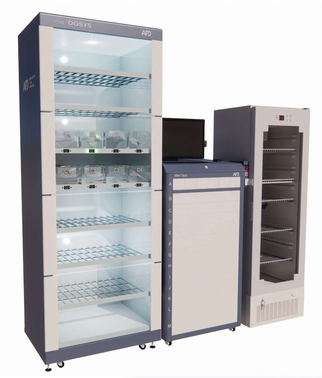 Automated medication dispensing systems with shelves and digital interfaces, featuring secure storage units.
