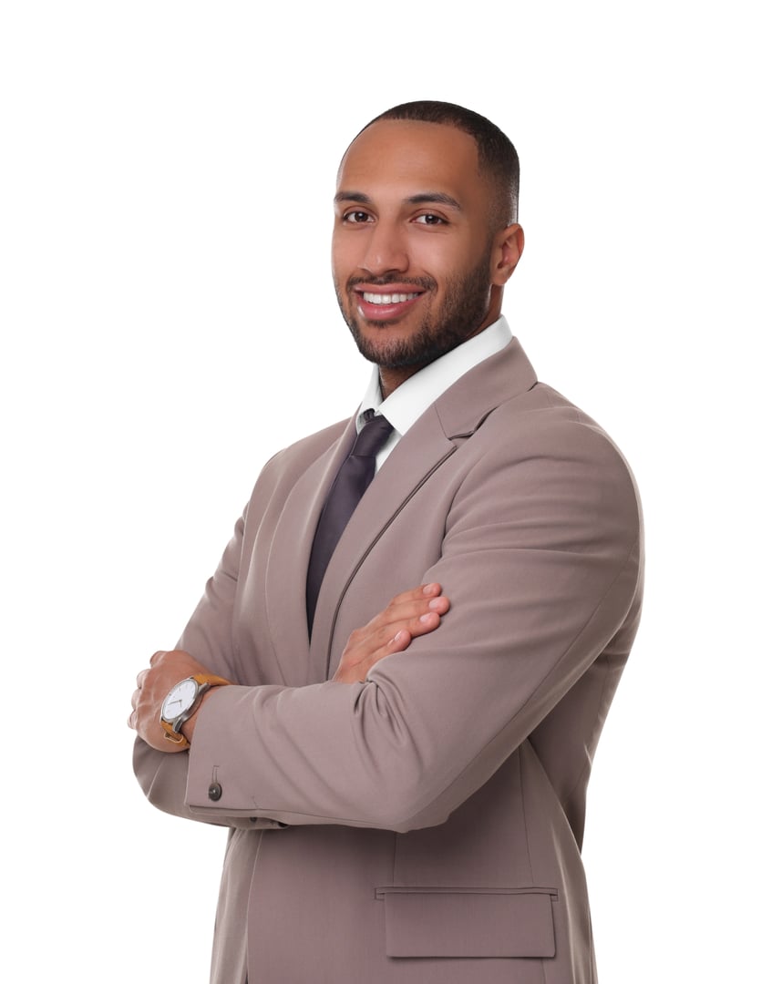 Portrait of happy man with crossed arms on white background. Lawyer, businessman, accountant or manager