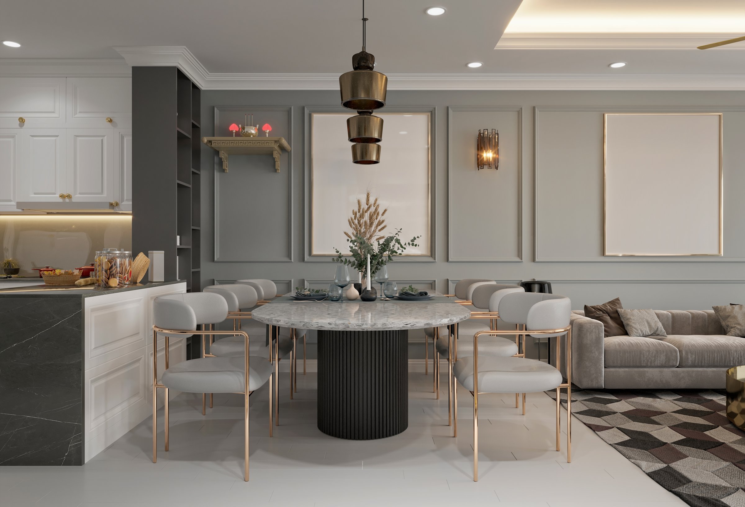 3d render of living room and dining space