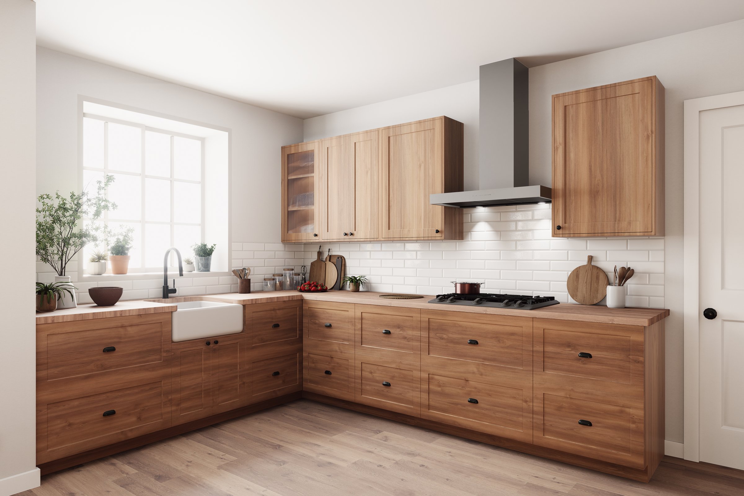 This stylish kitchen features wooden cabinets and modern appliances, creating a bright, inviting space for cooking. 3d render