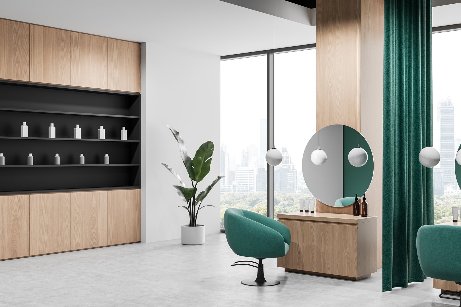 Elegant salon interior with green armchairs, wooden furniture, and a large mirror, complemented by a city view and lush plant. 3D Rendering