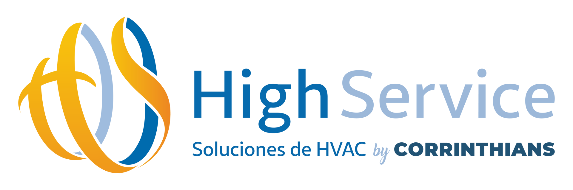Logo with 'High Service Soluciones de HVAC by Corrinthians' featuring intertwined orange and blue ribbons.