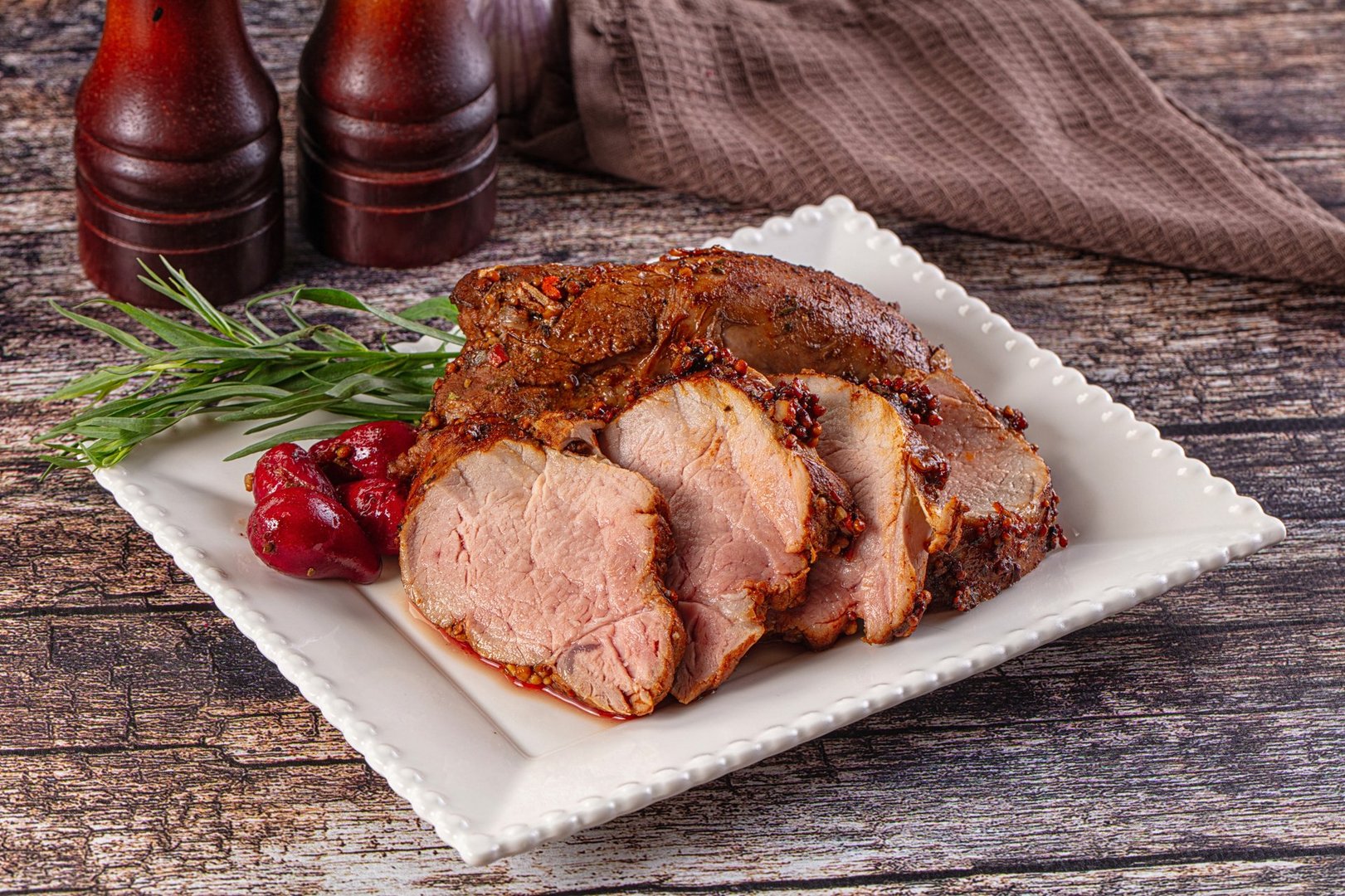 Baked pork sirloin with cornus and spices