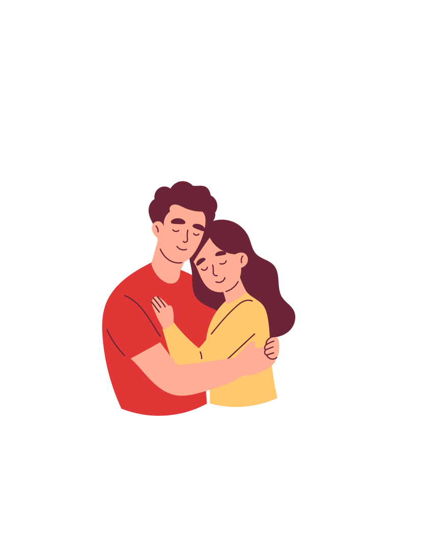 Illustration of a couple hugging with eyes closed. The man wears a red shirt, the woman a yellow shirt, both smiling gently.