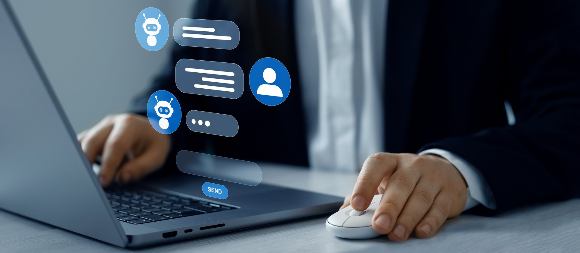 Virtual assistant, artificial intelligence and CRM software automation technology. Customer person using online chat service to get support.Online support Chatbot conversation