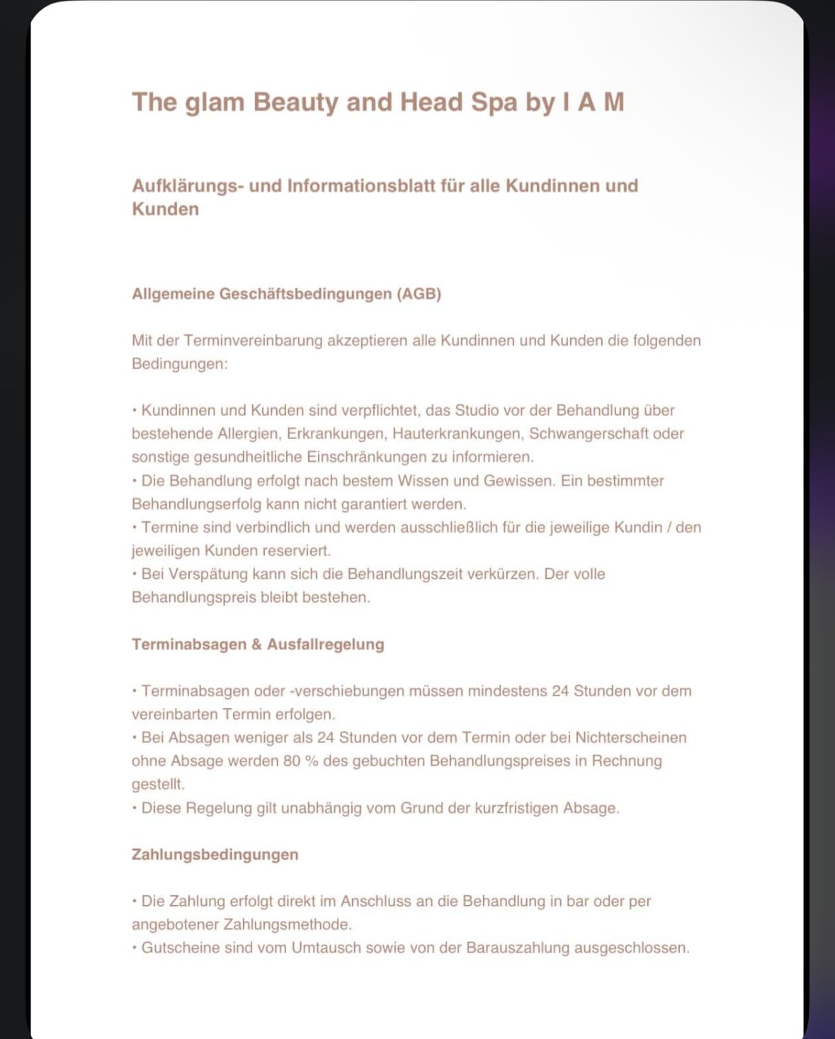 Allgemeine Geschäftsbedingungen The Glam Beauty and Head Spa