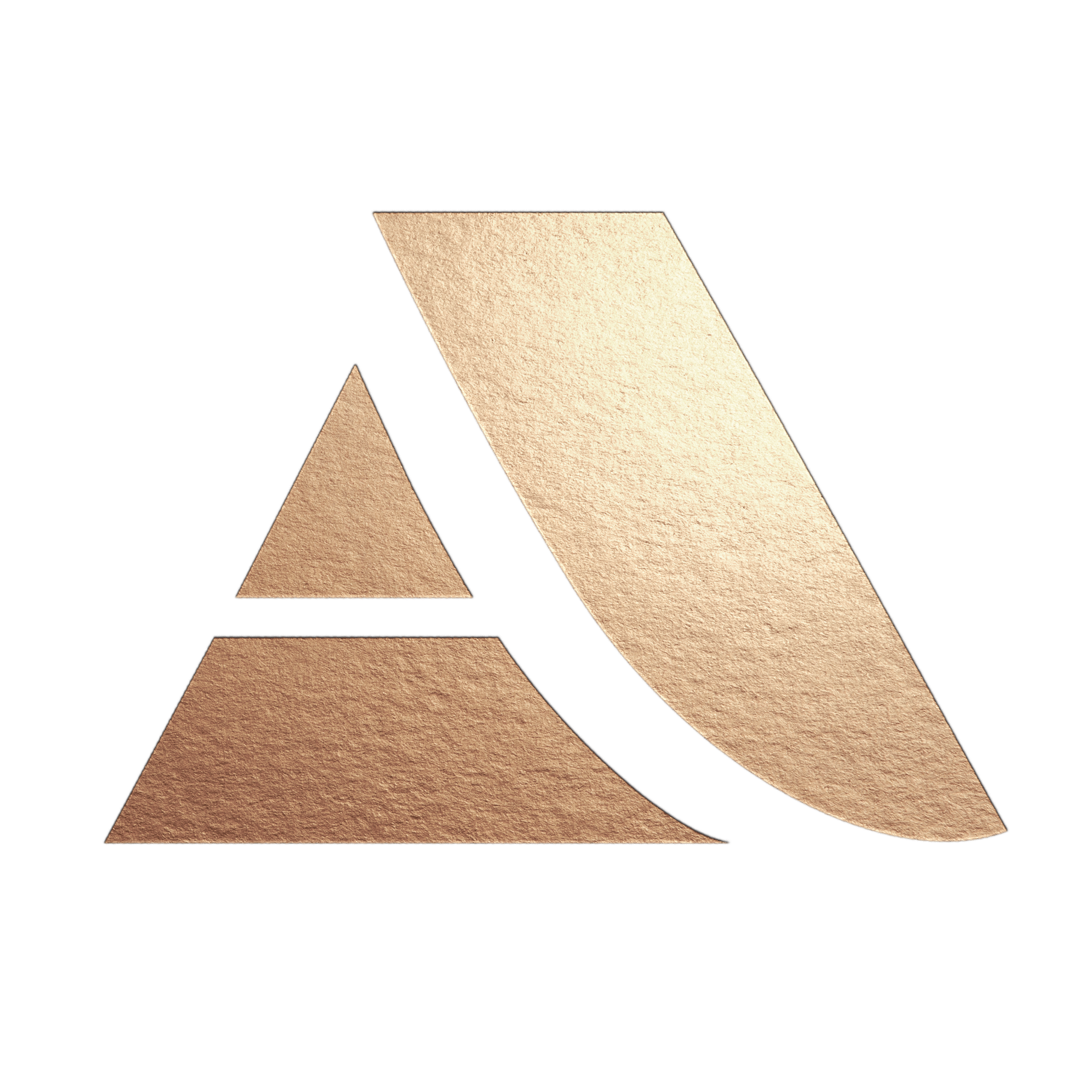 Stylized gold geometric logo featuring a triangle and a curved shape on a black background.