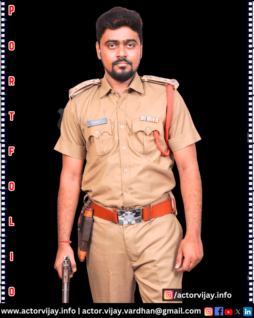 Man in a police uniform holding a gun, standing against a black background with "Portfolio" text along the sides.