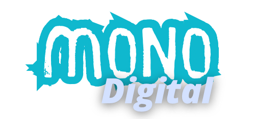 Logo with the word Mono in bold white letters on a blue background and Digital in lighter font below.