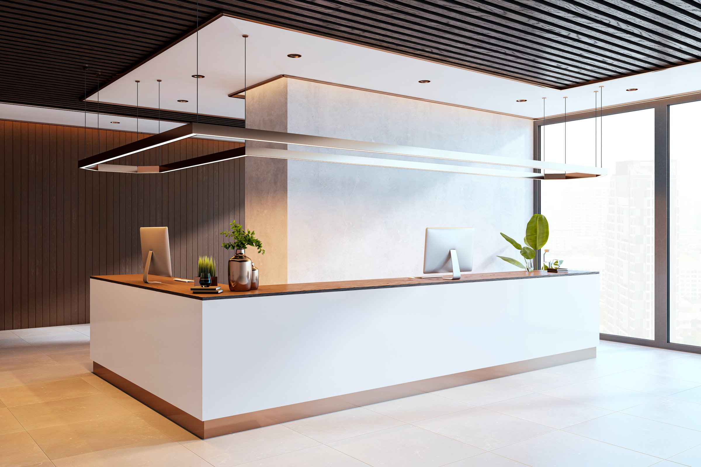 Elegant office reception with a white desk, wood details, and city-view windows. Modern and luxurious workspace with stylish lighting. 3D Rendering