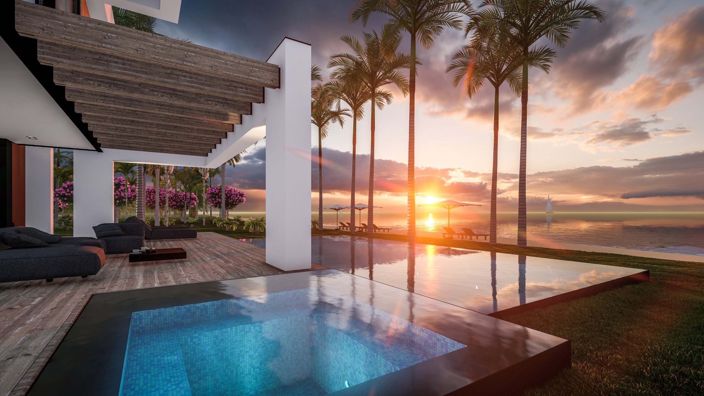 3d rendering of modern cozy house with pool and parking for sale or rent in luxurious style by the sea or ocean. Sunset evening by the azure coast with palm trees and flowers in tropical island