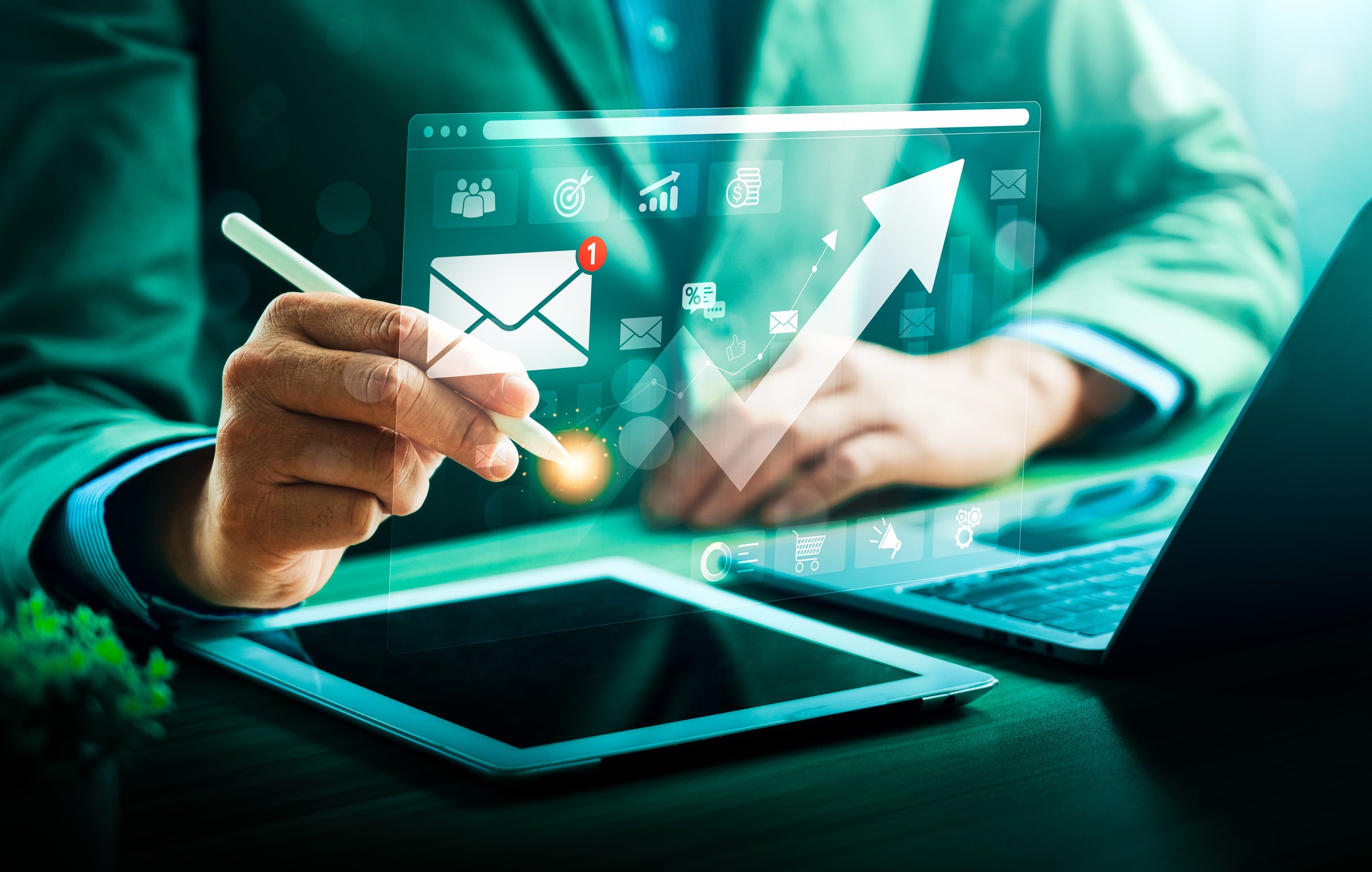 Businessman analyzing email marketing metrics on a futuristic digital interface with growth chart, tablet, and laptop, showcasing email notifications, data insights, and performance optimization.