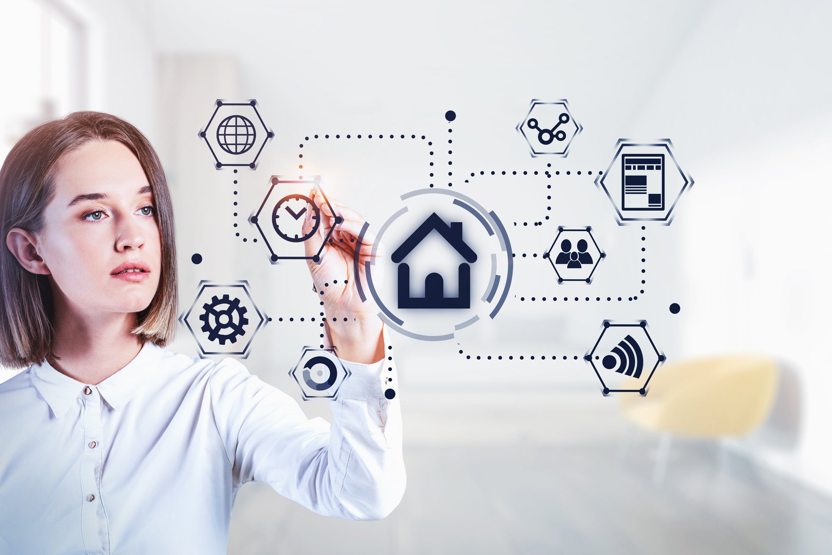 Serious young businesswoman using futuristic smart home interface in blurry room. Concept of automation and internet of things. Toned image double exposure